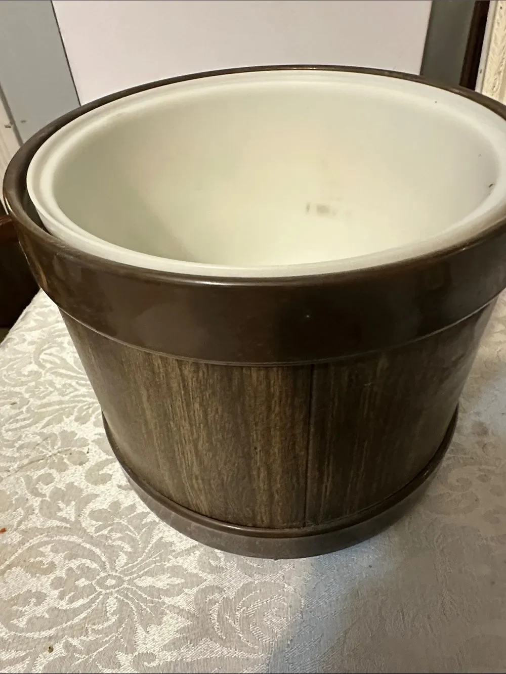 Brown Faux-Wood Ice Bucket with Handle and Yellow Knob
